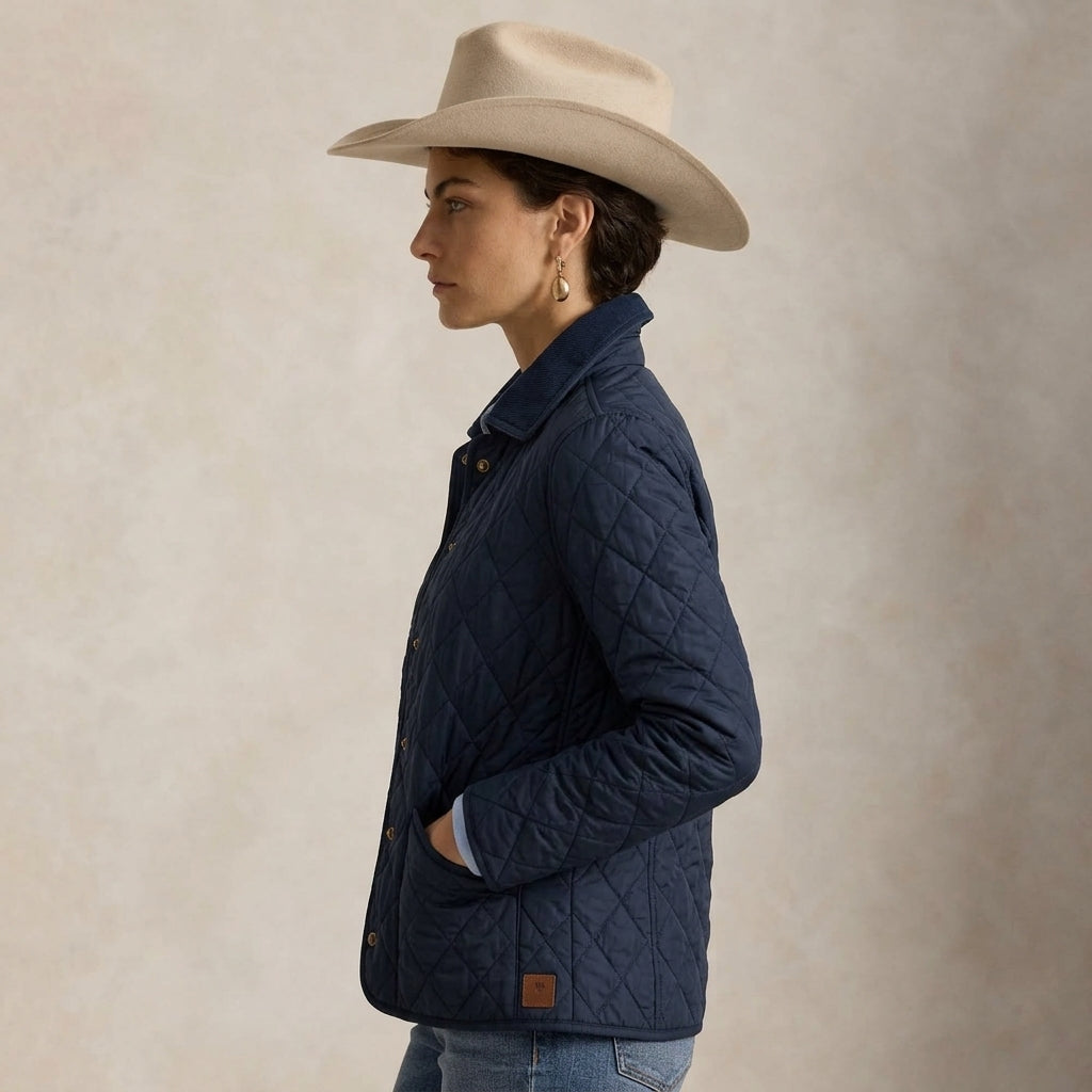 A woman in profile wearing a navy quilted jacket, a beige cowboy hat, and blue jeans, standing against a textured beige studio background.