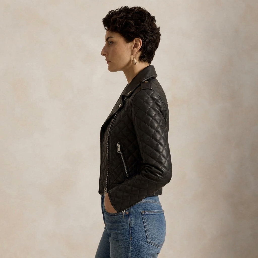 Quilted Moto Jacket for Women in Black Leather