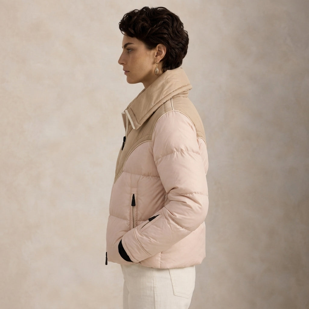 side profile view of a model wearing Quilted Ski Jacket against a studio background
