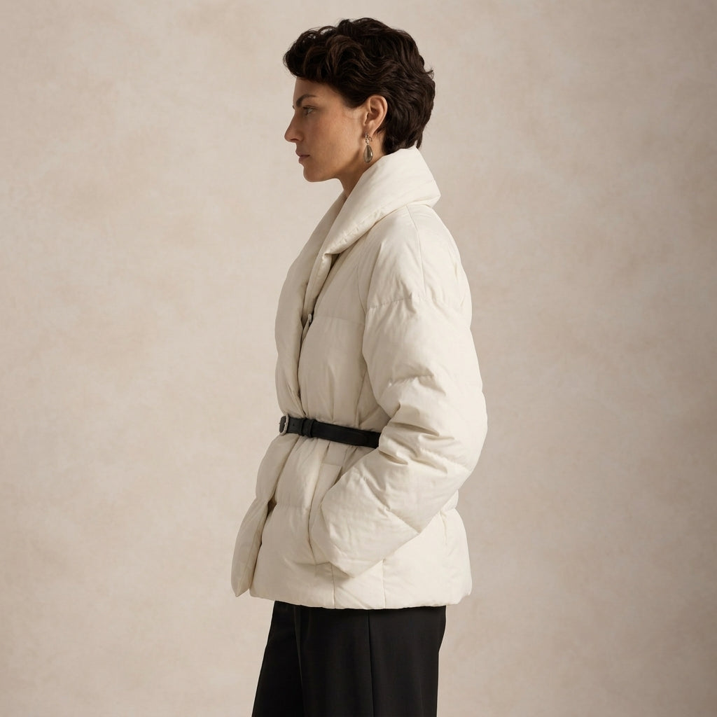 A woman in profile wearing a  puffer jacket with a black belt, set against a textured beige studio background.