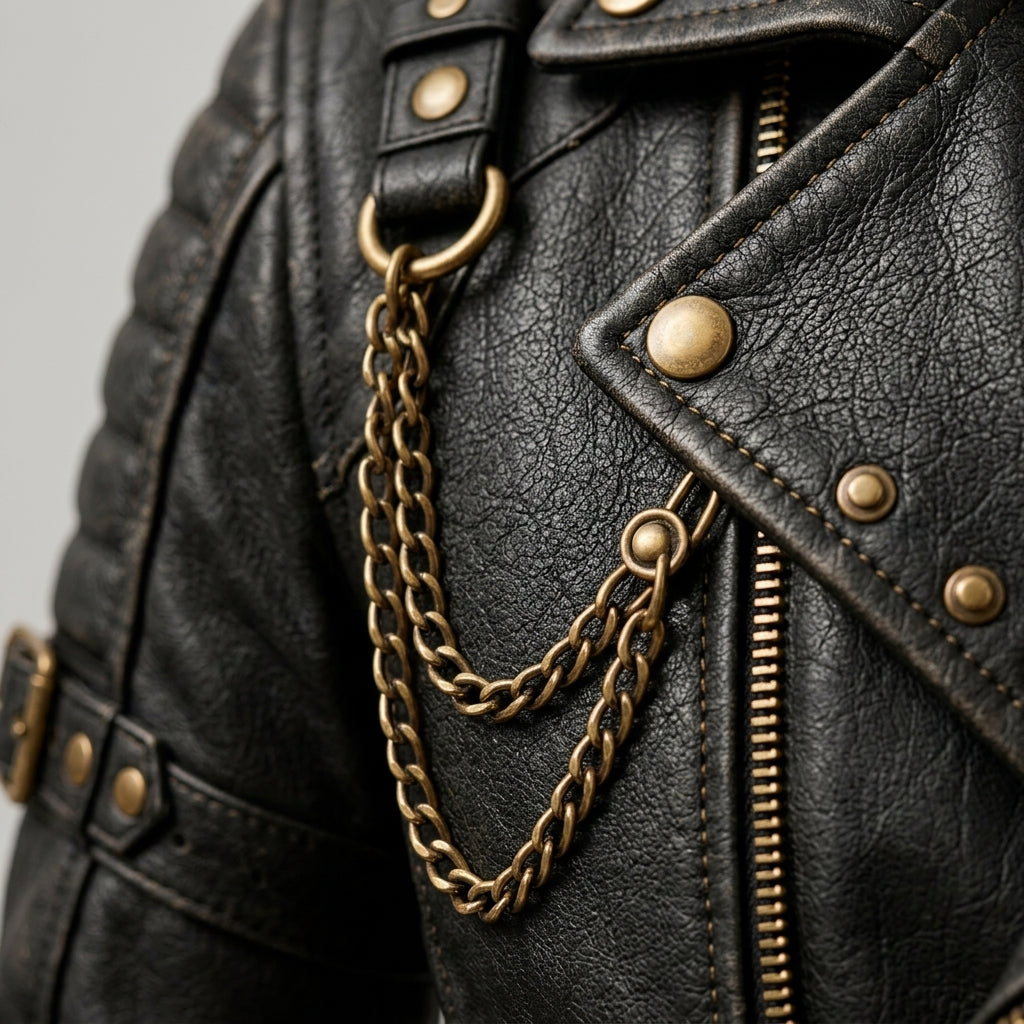 Close-up of a black leather jacket with antique bronze chain links, studs, and zippers.