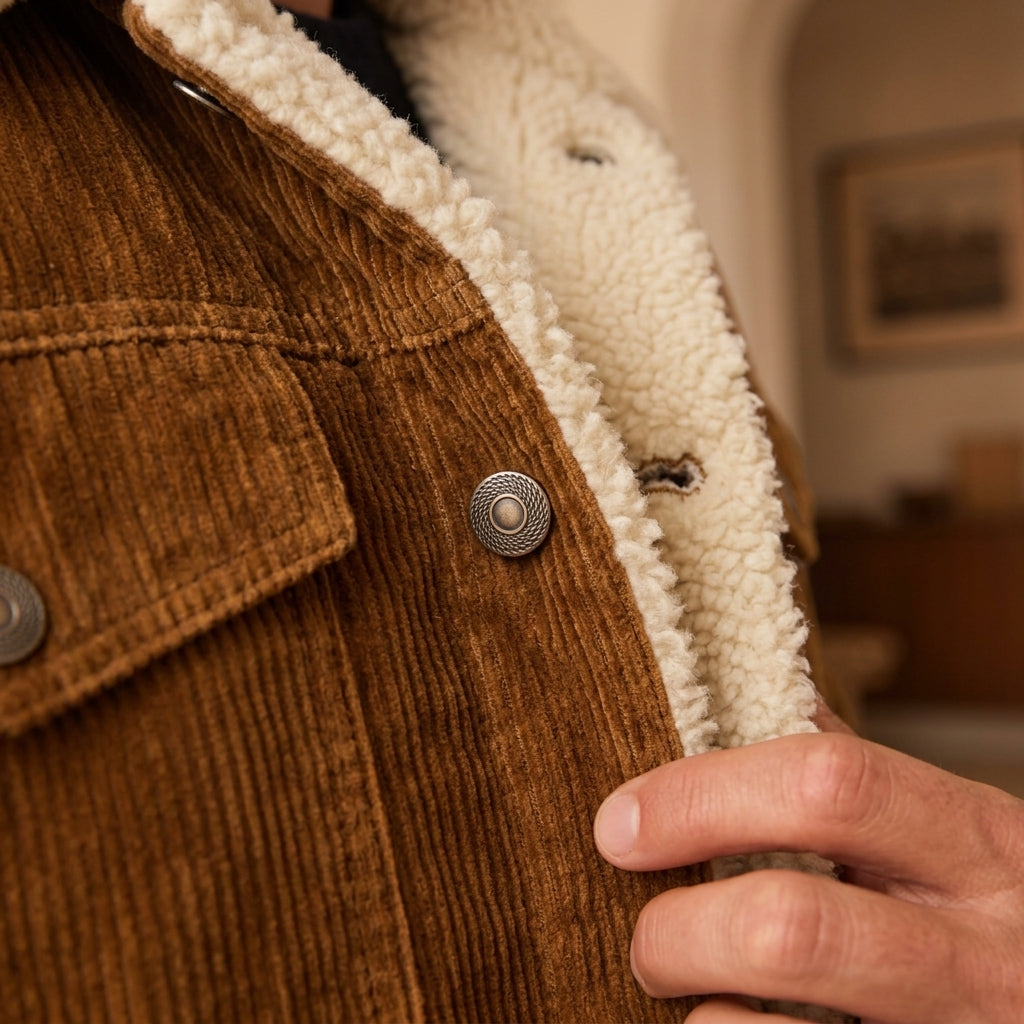 Close-up of a brown corduroy jacket with a cream sherpa lining, showing a hand touching the fabric and interior lining.