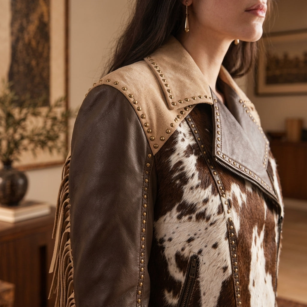 close up of a Western Cowhide Jacket
