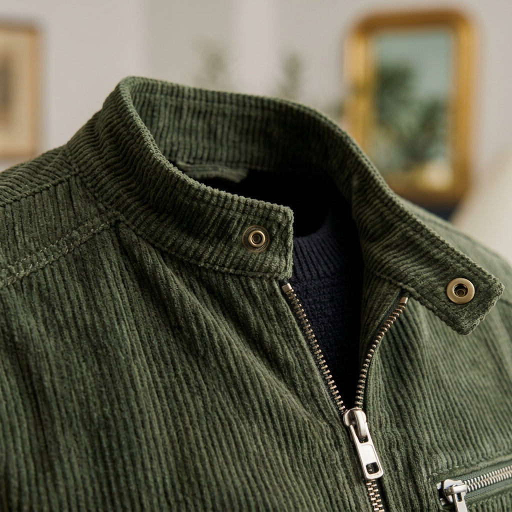 Close-up of an olive green corduroy jacket with a ribbed collar, metal snap buttons, and a zippered front, shown against a softly blurred indoor background.