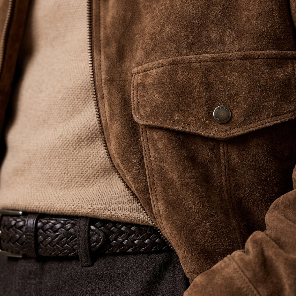 close up of a suede leather jacket