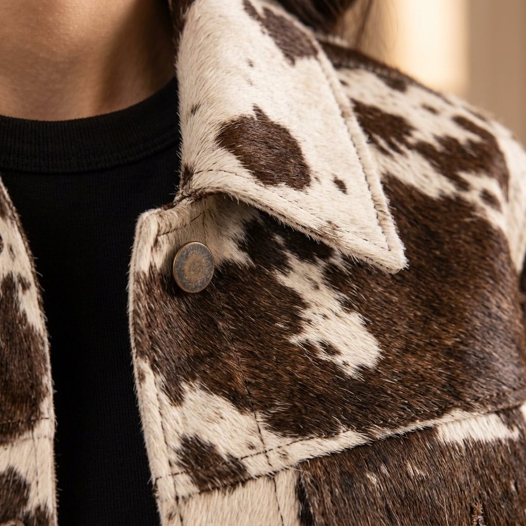 Close-up of a cowhide jacket with brown and cream spots, worn over a black shirt. Focus is sharp on the collar and button, with a softly blurred background.