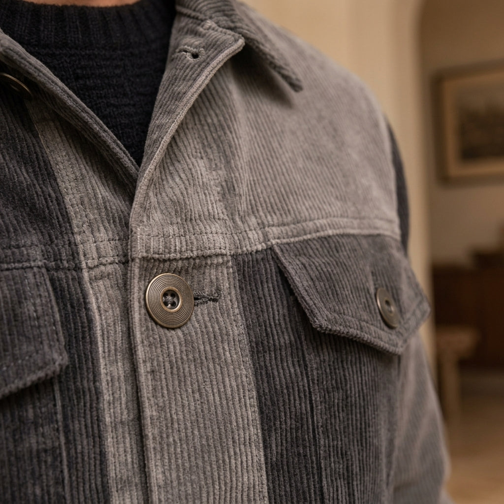 Close-up of a person wearing a dark gray corduroy jacket over a black sweater, showing the textured fabric and metal buttons in a softly lit indoor setting.