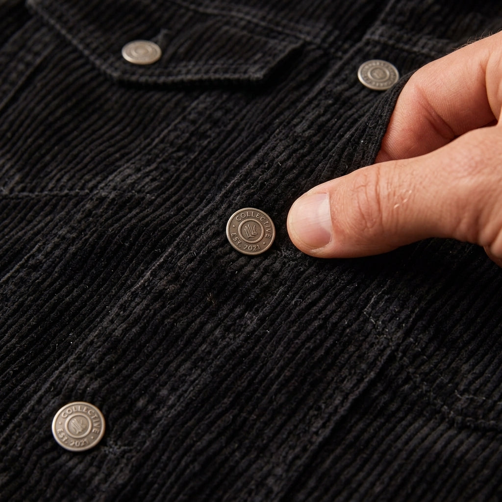 Close-up of a black corduroy jacket with silver metal buttons, showing a hand touching one of the buttons.