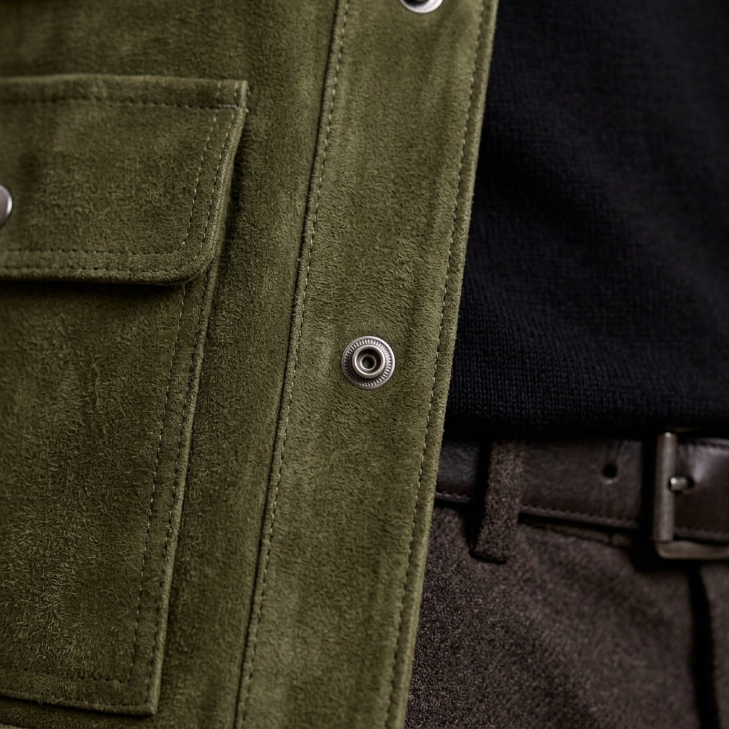 Close-up detail of an olive green suede  jacket with a flap pocket and metal snap button, worn over a black shirt and dark trousers.