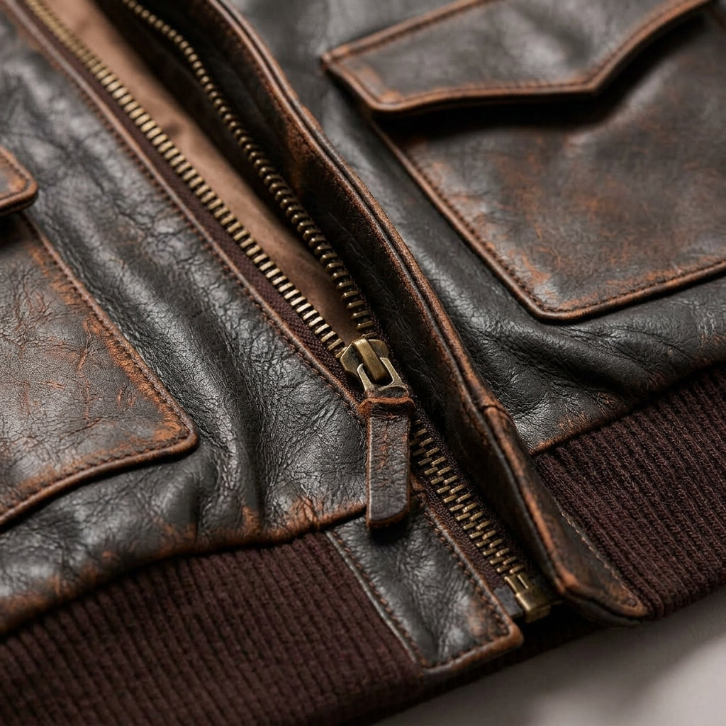 Close-up of a distressed brown leather jacket showing the front zipper, pocket flaps, and ribbed knit collar.