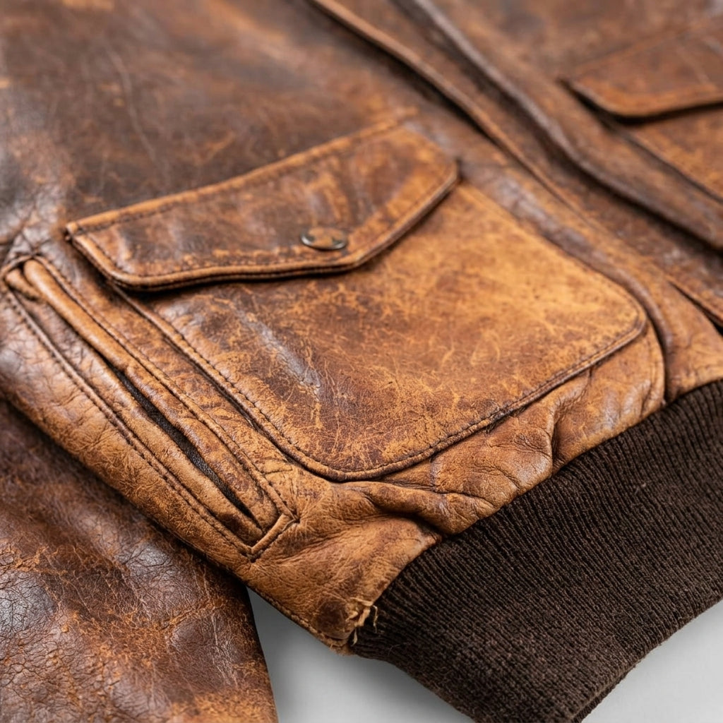 Close-up of a distressed brown leather jacket showing a flap pocket with a metal snap button and a ribbed dark brown knit collar.