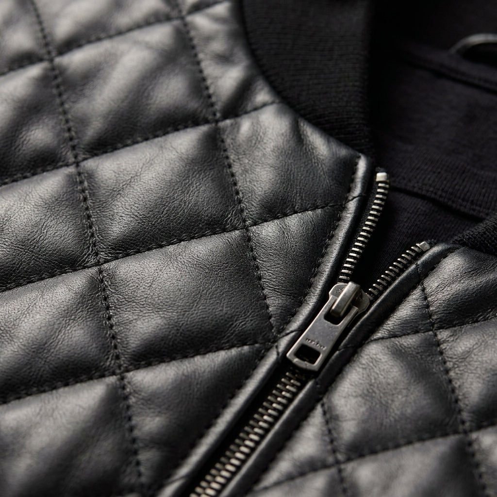 Close-up of a black quilted leather jacket with a diamond-stitched pattern and a silver metal zipper.