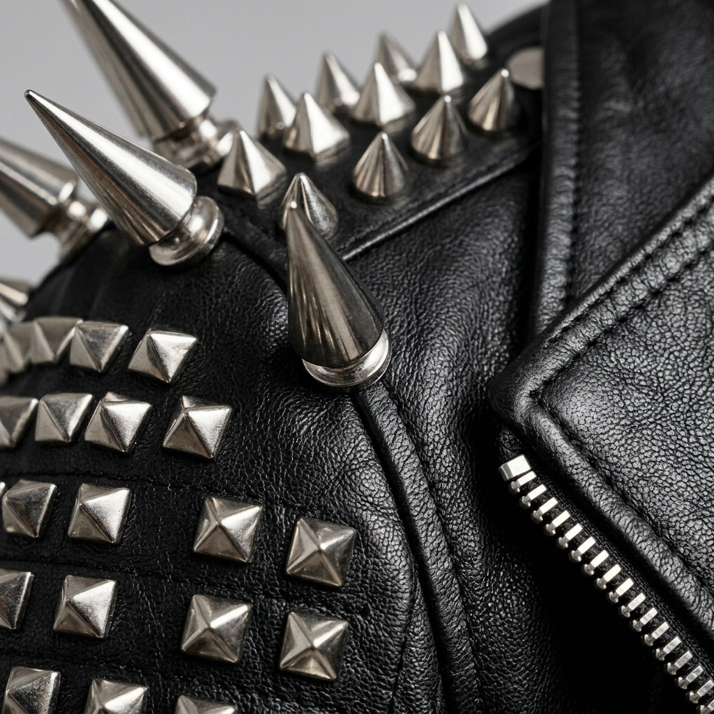Close-up of a black leather jacket featuring prominent silver metallic spikes and pyramid studs, with a black zipper visible on the right side.