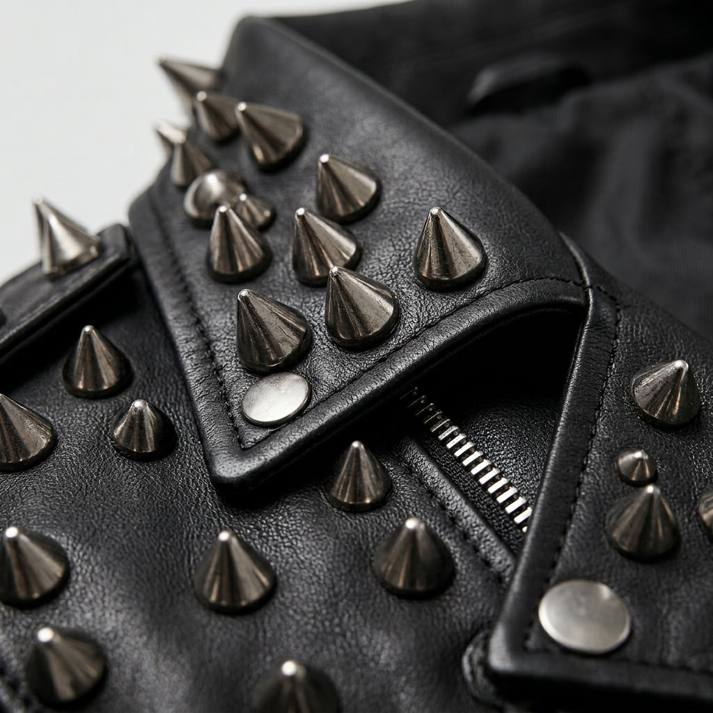 Close-up of a black leather jacket featuring multiple metallic silver and gunmetal conical spikes and rivets on the lapels and shoulder, with a visible zipper.