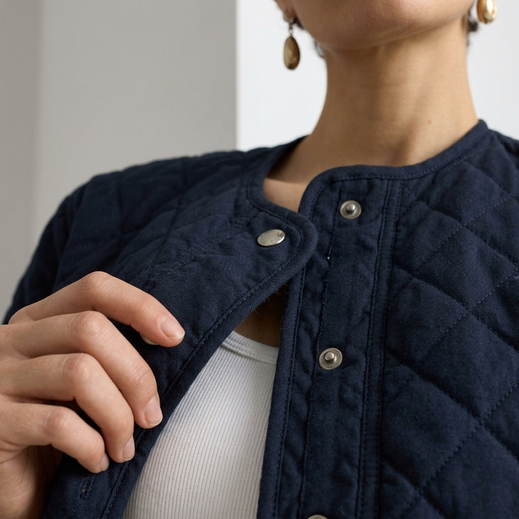 close up of a Quilted Blue Jacket with snap button closure and no collar