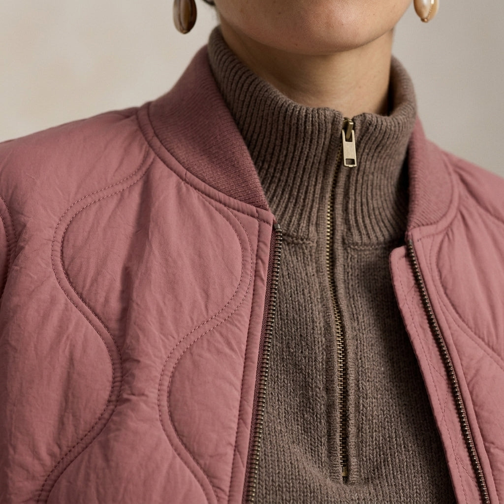 Close-up of a person wearing a dusty rose quilted jacket over a taupe ribbed half-zip turtleneck sweater, with gold hoop earrings visible against a plain light background.