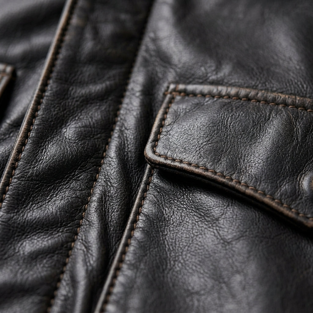 Close-up detail of a dark brown leather jacket showing the texture of the leather, fine grain, and contrast stitching.