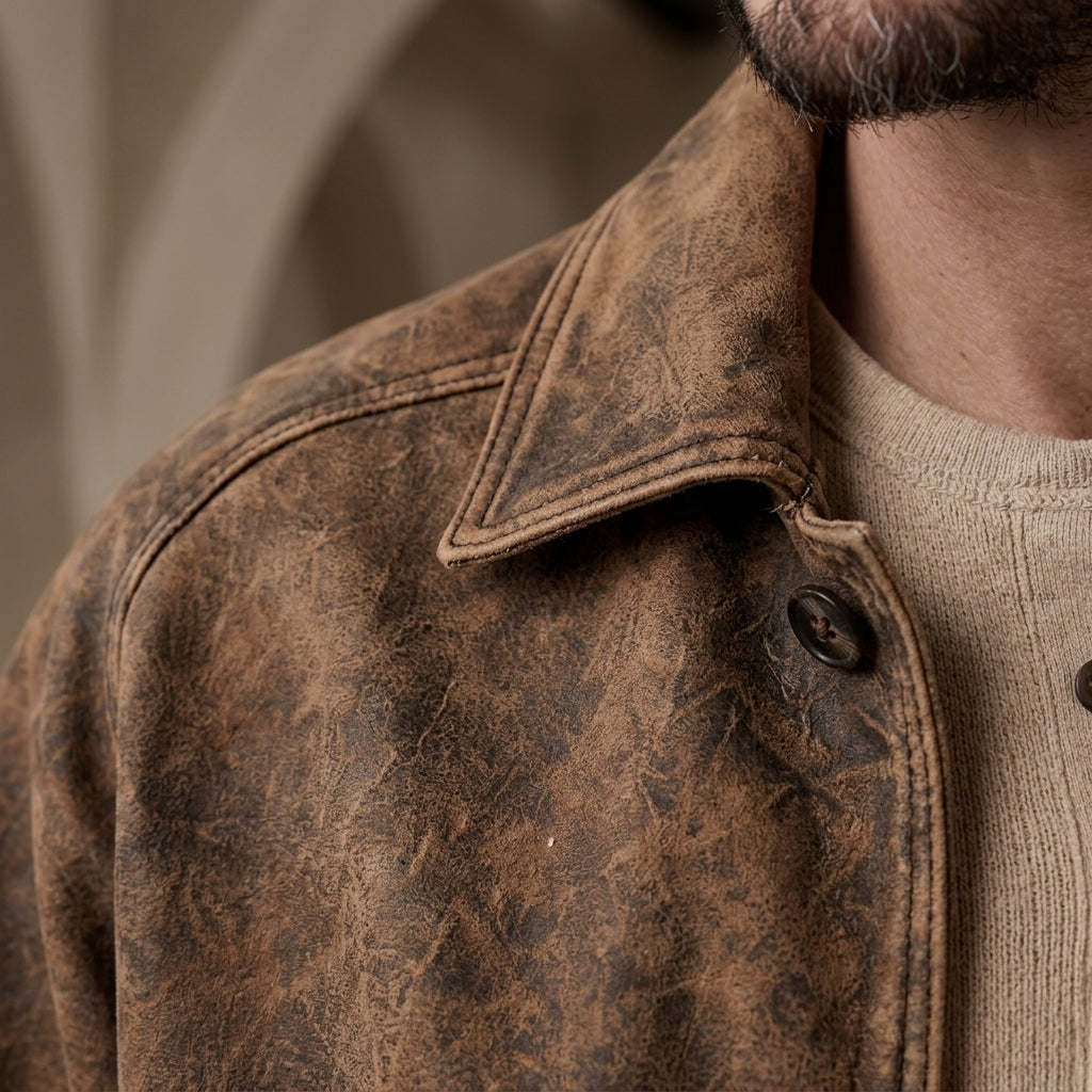 Close-up of a person wearing a distressed brown leather jacket over a beige knit sweater, showing the collar and button detail.
