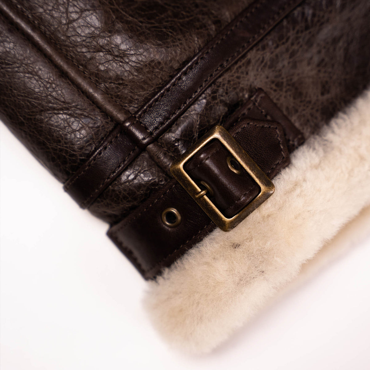 Close-up detail of a dark brown leather jacket with a textured finish, a brass buckle strap, and a cream-colored shearling lining on a white background.