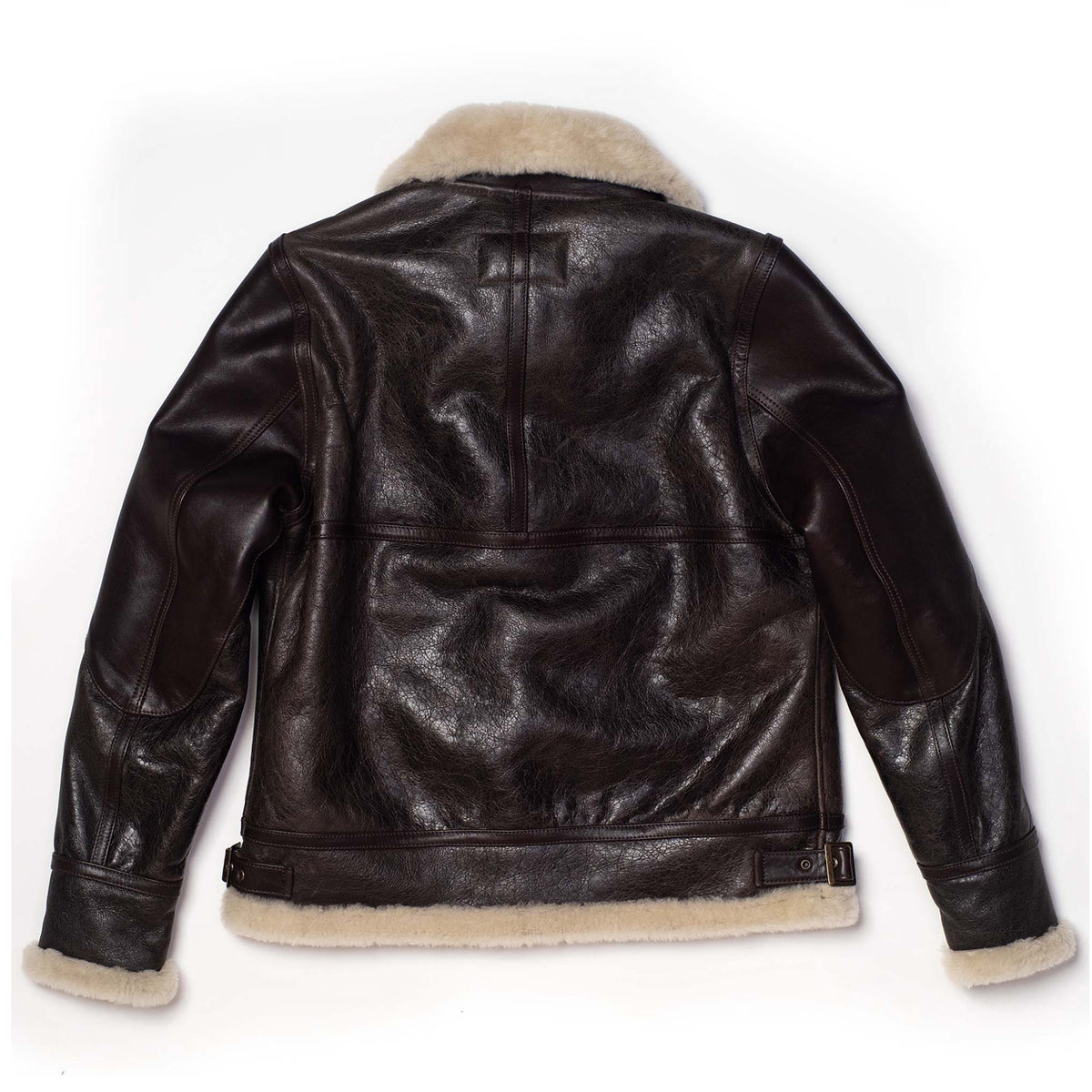 A dark brown leather aviator jacket with a cream-colored shearling lining, shown from the back against a plain white background.