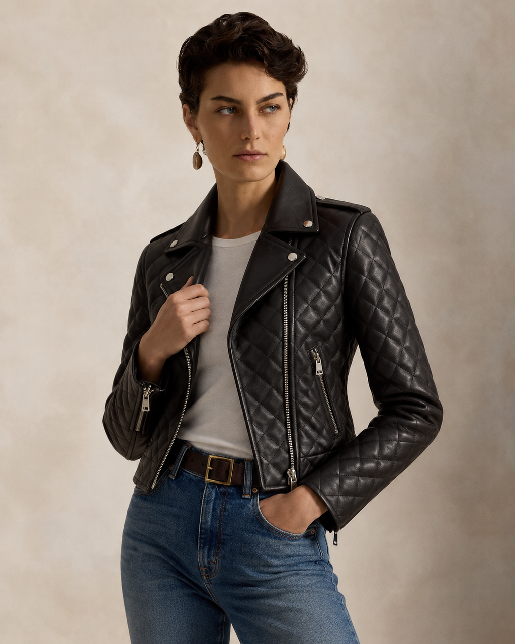 Quilted Moto Jacket for Women in Black Leather