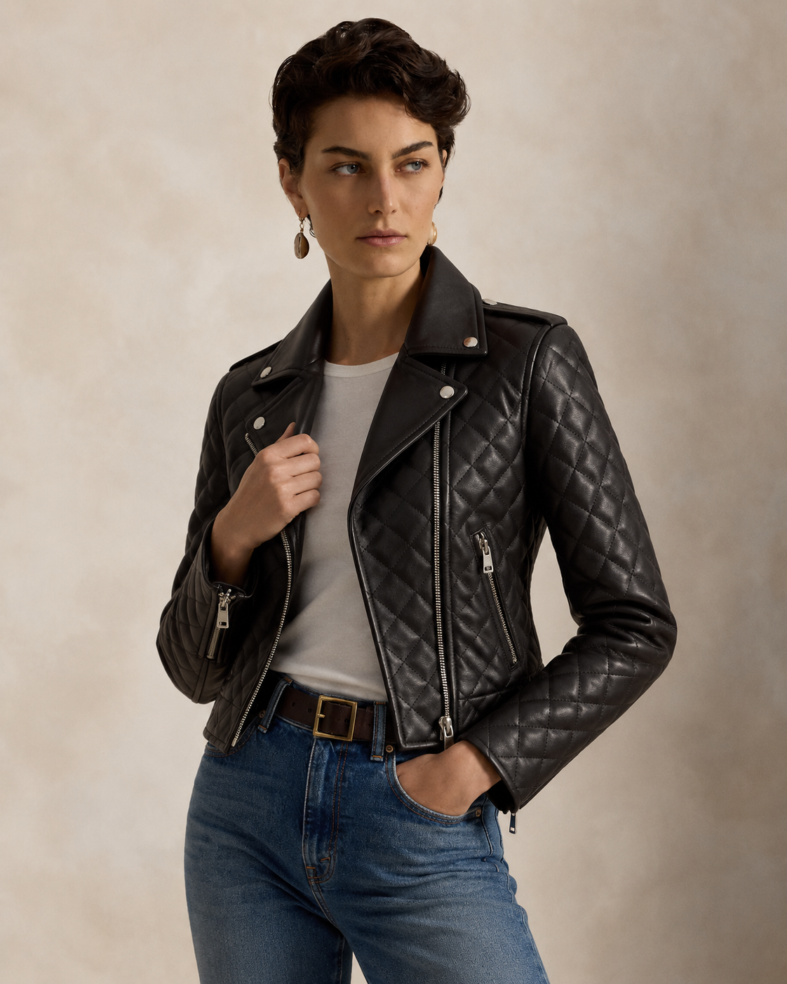Quilted Moto Jacket for Women in Black Leather