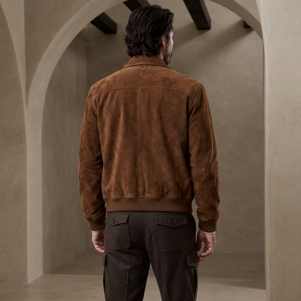 A man viewed from behind wearing a brown suede jacket and dark cargo pants, standing in a warm-toned arched interior.