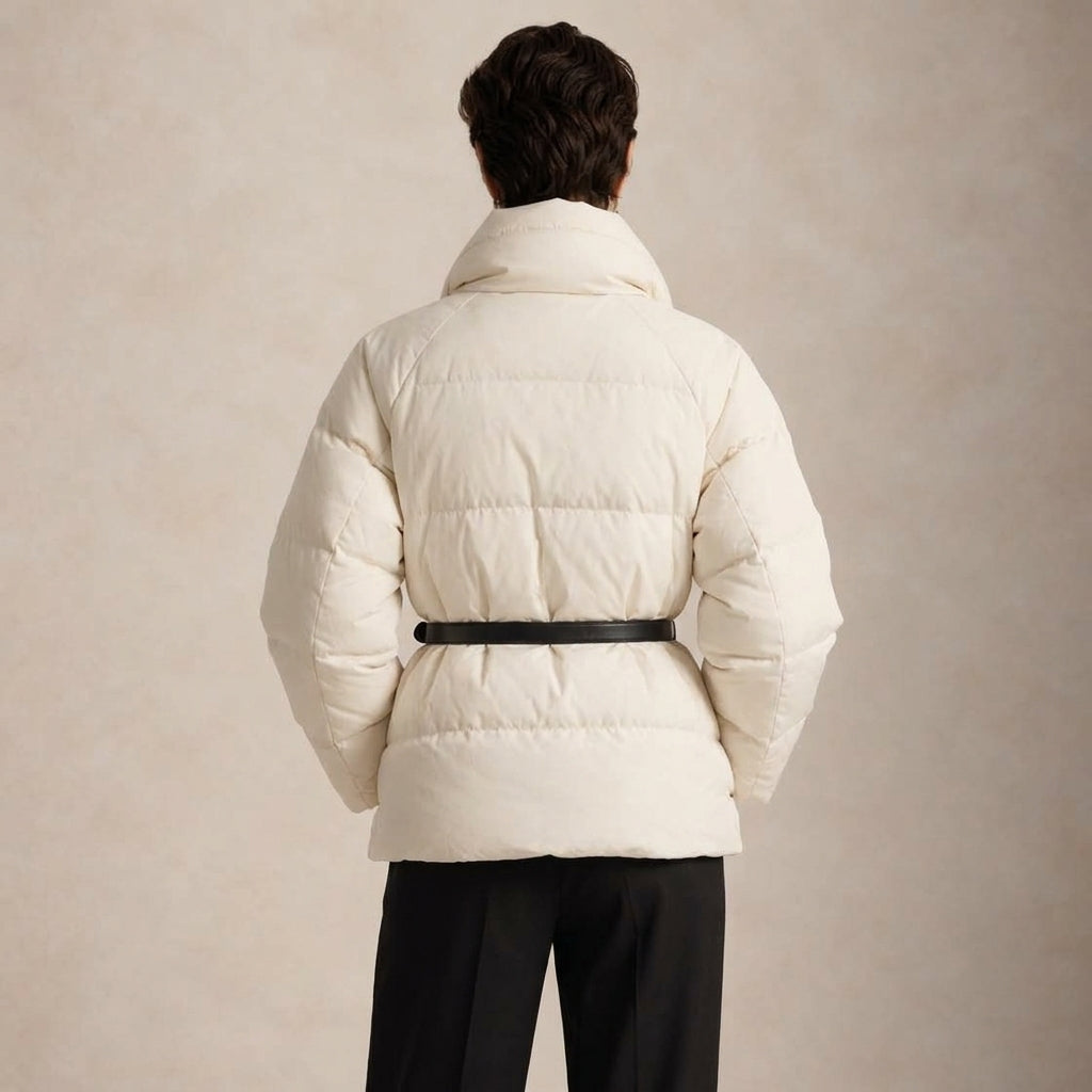 A person shown from the back wearing a white puffer jacket with a black belt and black trousers, standing against a neutral beige textured background.