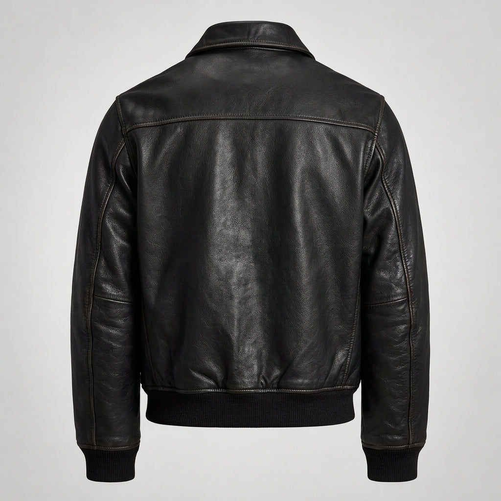 A black leather jacket shown from the back, featuring a classic collar, long sleeves, and ribbed knit trim at the hem and cuffs, photographed against a neutral light gray background.