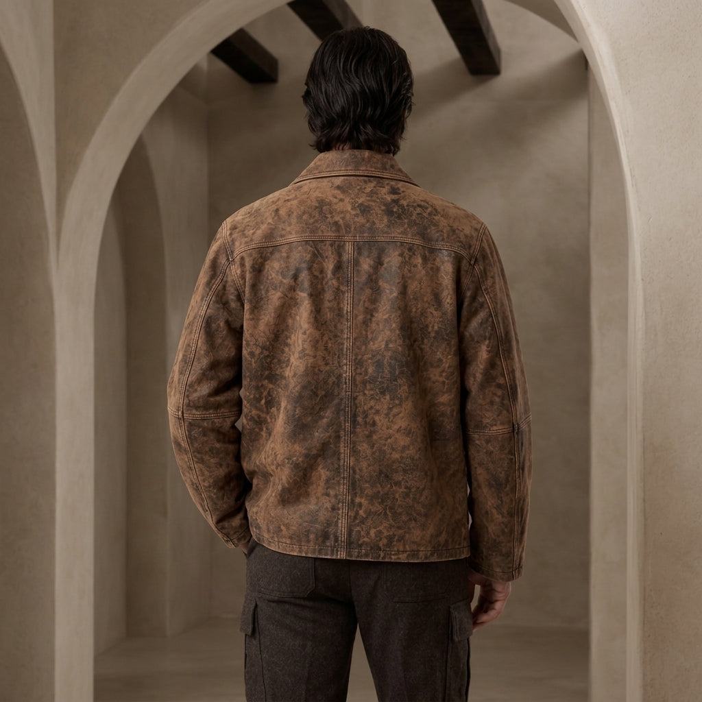 A man viewed from behind wearing a brown acid-washed leather jacket and dark cargo pants, standing in a stone archway corridor.