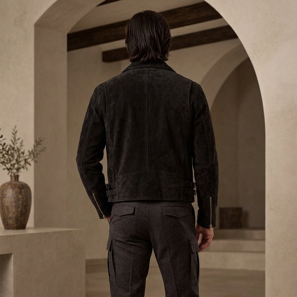 Black Suede Leather Jacket in Biker Style