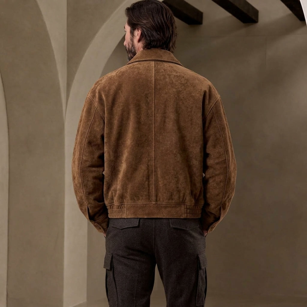 back view of a male model wearing a suede jacket