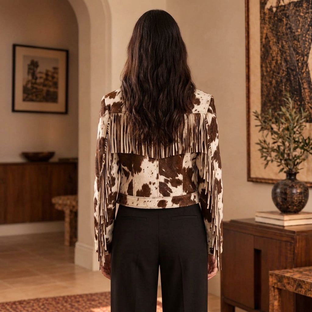 A woman viewed from behind wearing a brown and beige Cowhide Fringe Jacket and black trousers, standing in a warm-toned interior room with framed wall art and wooden furniture.
