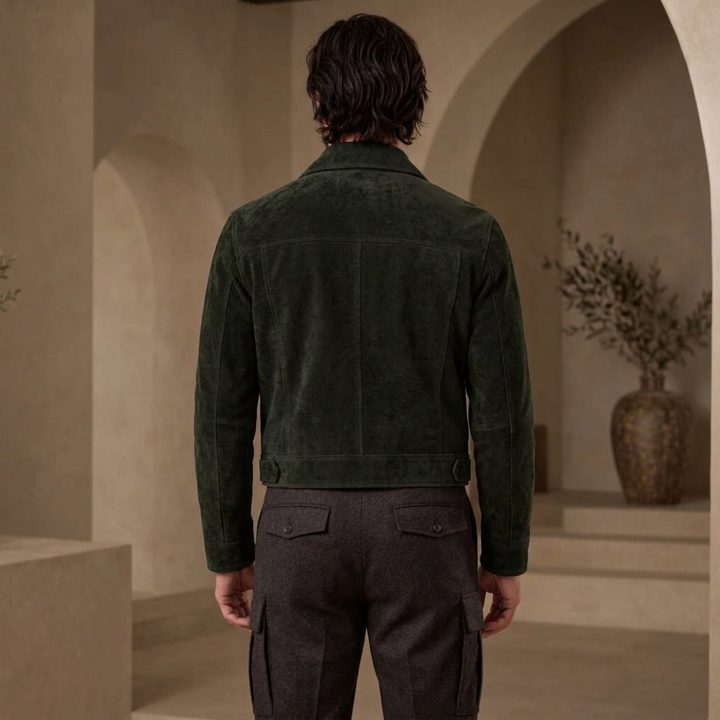 A man viewed from behind wearing a dark forest green suede jacket and dark charcoal gray cargo pants, standing in a warm, neutral-toned architectural setting with arches.