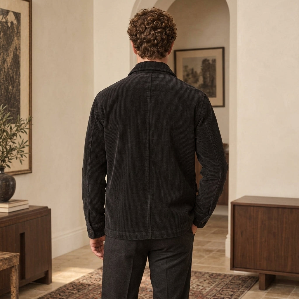 A man viewed from behind wearing a dark corduroy jacket and matching dark trousers, standing in a warm, modern interior hallway with wood furniture and framed art.