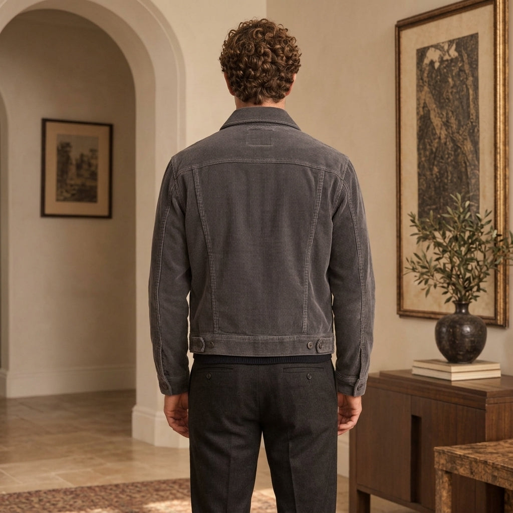 A man viewed from behind wearing a dark charcoal gray corduroy jacket and dark trousers, standing in a warm, elegant interior hallway with framed art and a wooden console table.