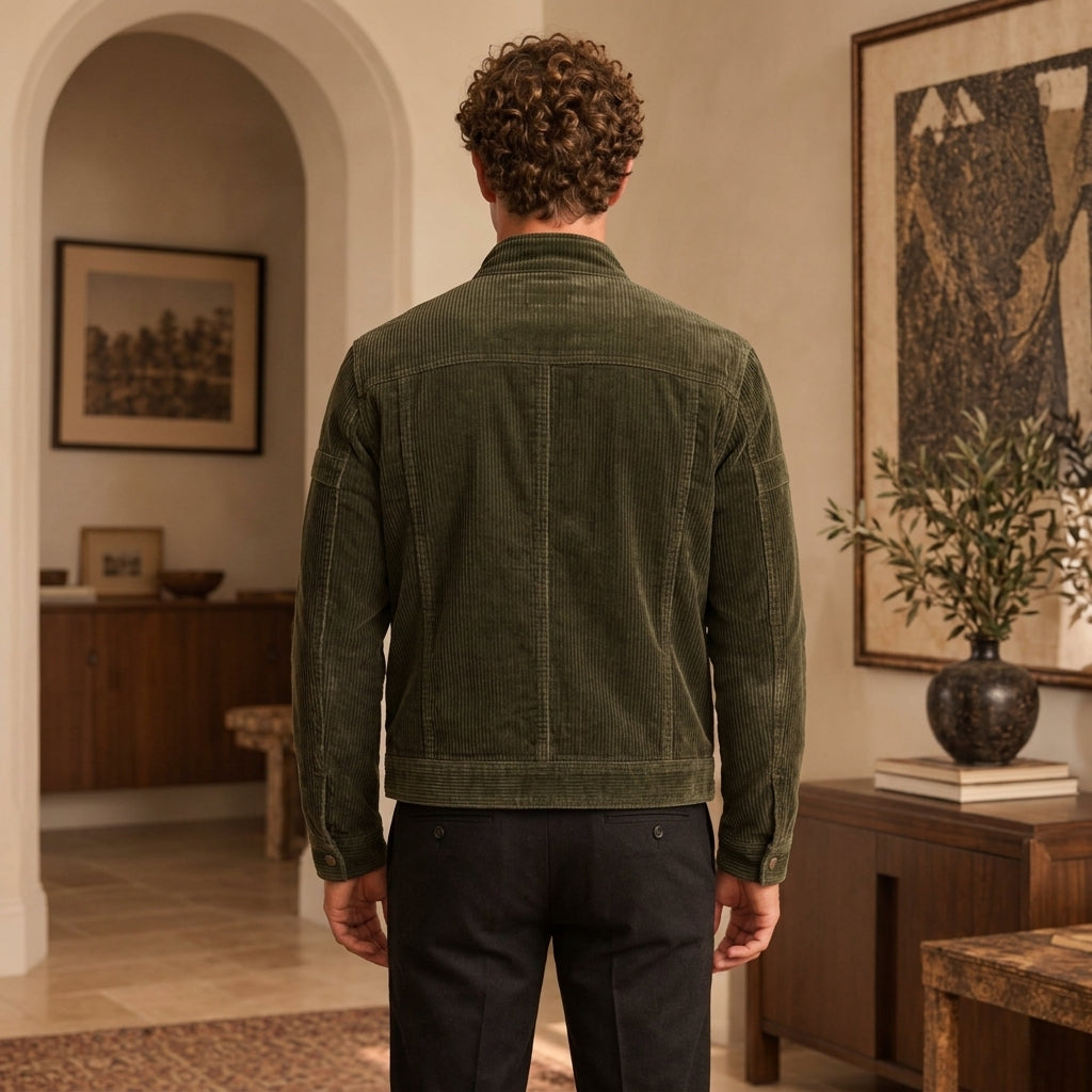 A man viewed from behind wearing an olive green corduroy jacket and dark trousers, standing in a warm, neutral-toned interior room with framed art and wooden furniture.