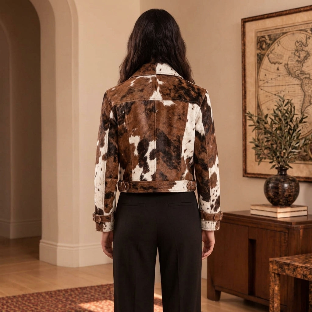 A woman viewed from behind wearing a Cowhide Trucker Jacket with a brown, black, and white pattern, paired with black pants, standing in a warm-toned indoor room with a map and wooden furniture in the background.