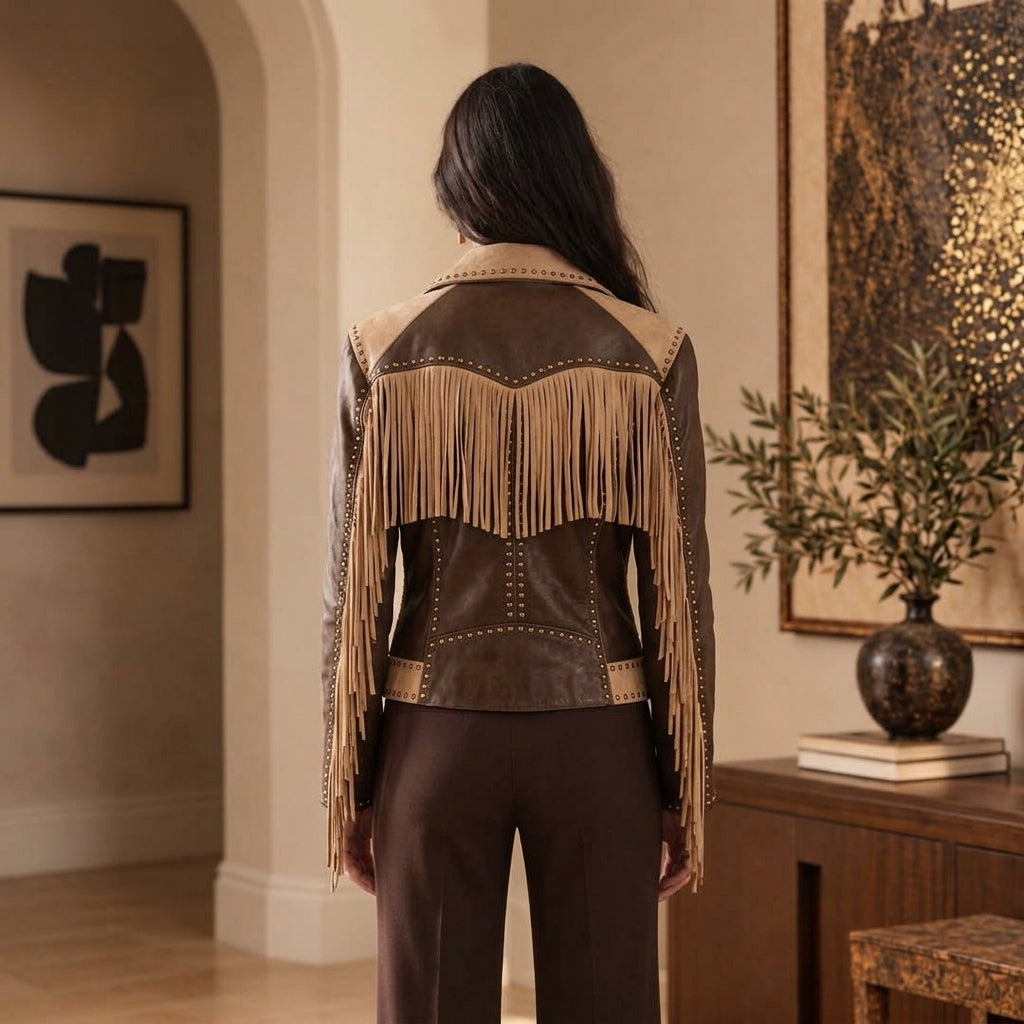 back view of a woman wearing brown Western Cowhide Jacket