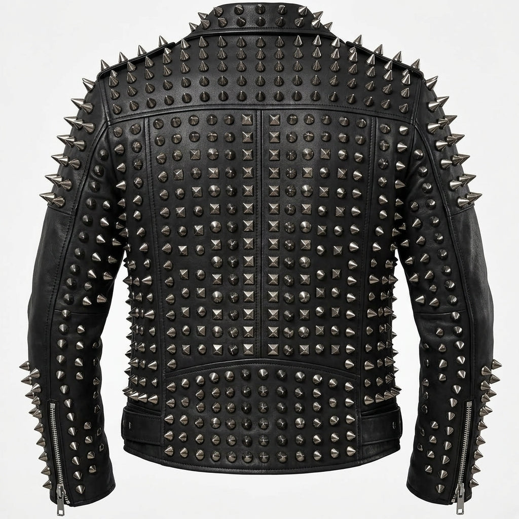 Black leather motorcycle jacket covered in silver metal spikes, shown from the back on a white background.