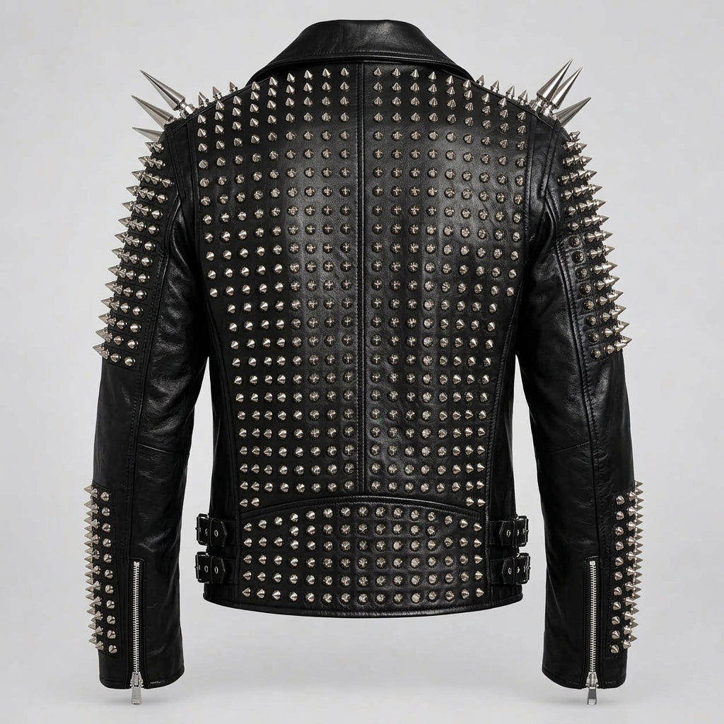 Black leather motorcycle jacket with extensive silver metal spikes and studs, shown from the back on a light gray background.