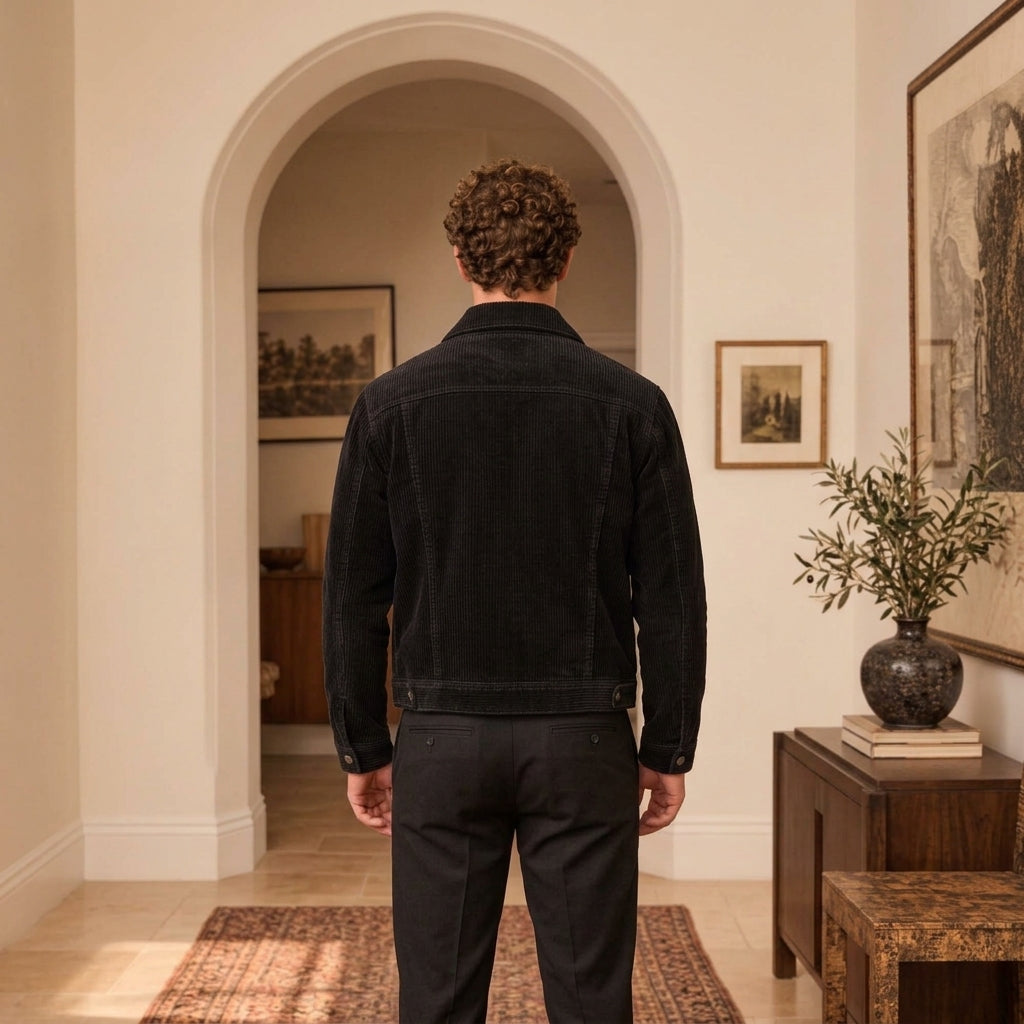 A man viewed from behind wearing a black corduroy jacket and dark trousers, standing in a warm, neutral-toned hallway with an arched doorway, framed art, and a side table with a vase.