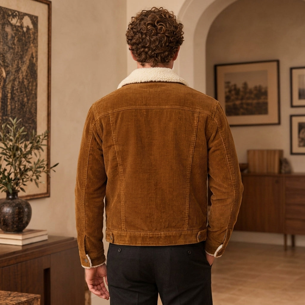 A man viewed from behind wearing a brown Corduroy Shearling Jacket, standing in a warm, vintage-style room with framed art.