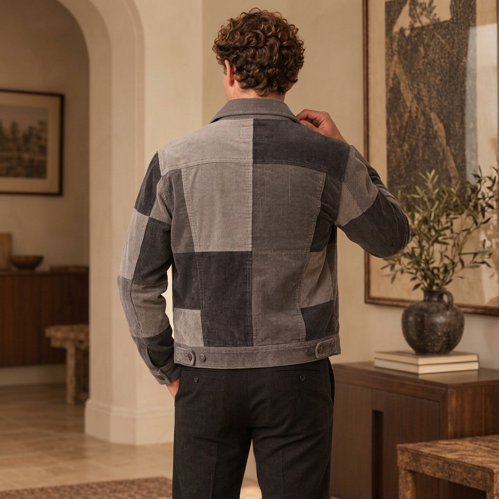 A man viewed from behind wearing a gray patchwork corduroy jacket with dark charcoal sleeves and pants, standing in a warm, modern interior room.