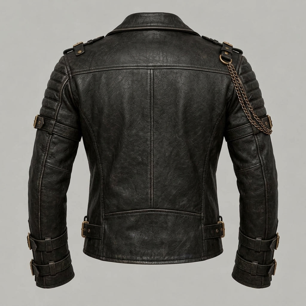 Black leather biker jacket shown from the back, featuring quilted shoulder panels, a chain detail on the shoulder, and multiple buckle straps on the sleeves and waist, set against a solid gray background.