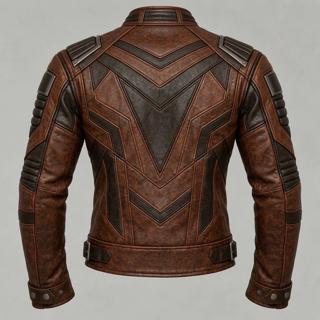 A brown leather jacket with dark brown geometric paneling on the back, shown on a neutral gray background.
