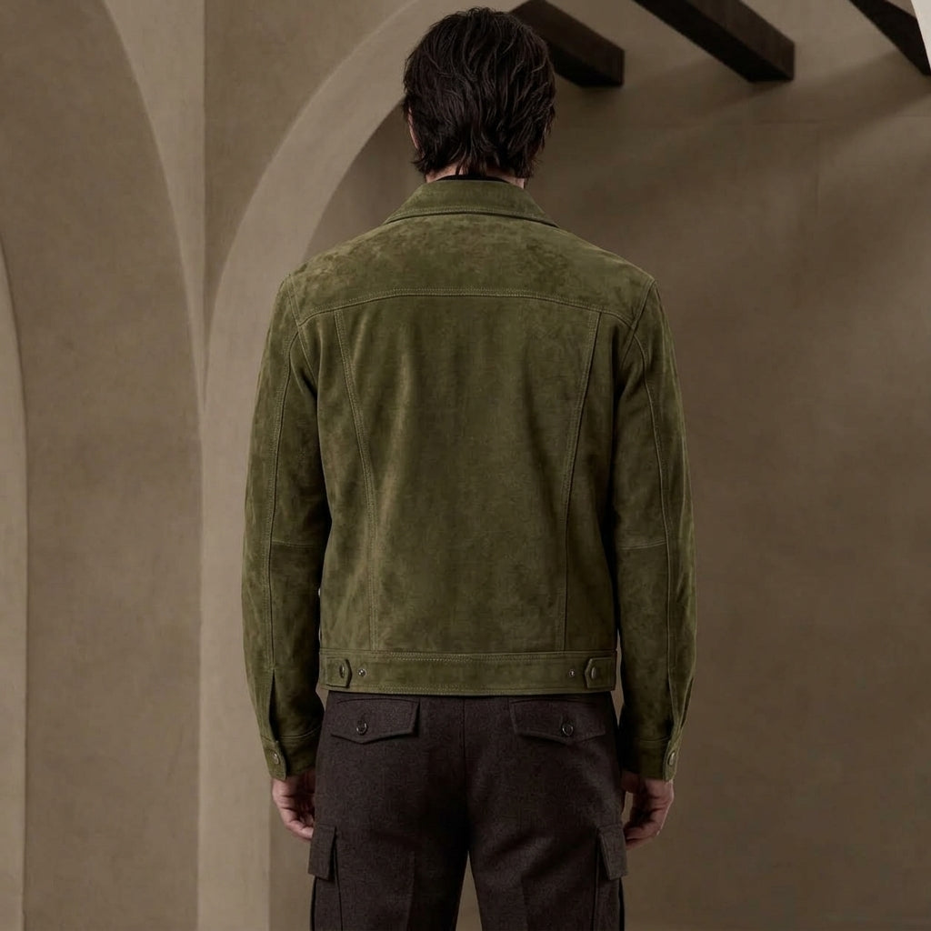 A man viewed from behind wearing an olive green suede jacket and dark brown trousers, standing in a warm-toned architectural setting with beige walls and arches.
