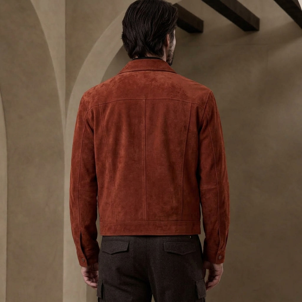 A man viewed from behind wearing a rust-brown suede jacket and dark trousers, standing against a textured beige wall with arches.