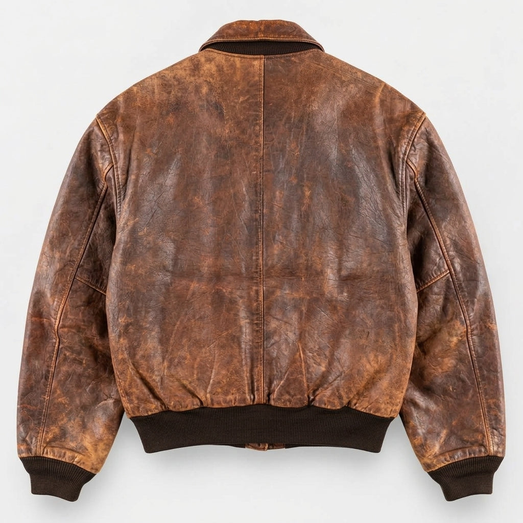 A distressed brown leather jacket shown from the back, featuring a classic collar, long sleeves, and ribbed knit trim at the hem and cuffs, photographed against a light gray background.