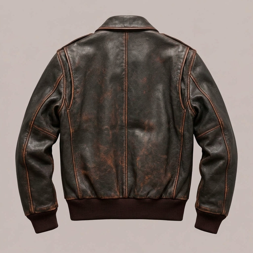 A dark brown distressed leather jacket shown from the back, featuring contrast tan stitching and ribbed knit collar, cuffs, and hem against a solid light gray background.